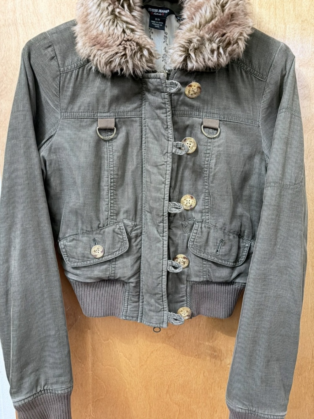 Vintage junior's olive green guess corduroy cropped bomber jacket size medium